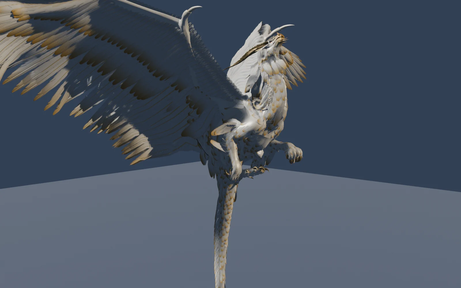 Aurelion, a white and gold feathered dragon, taking off with wings raised