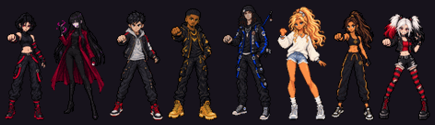 Eight pixel-art characters in full-body poses