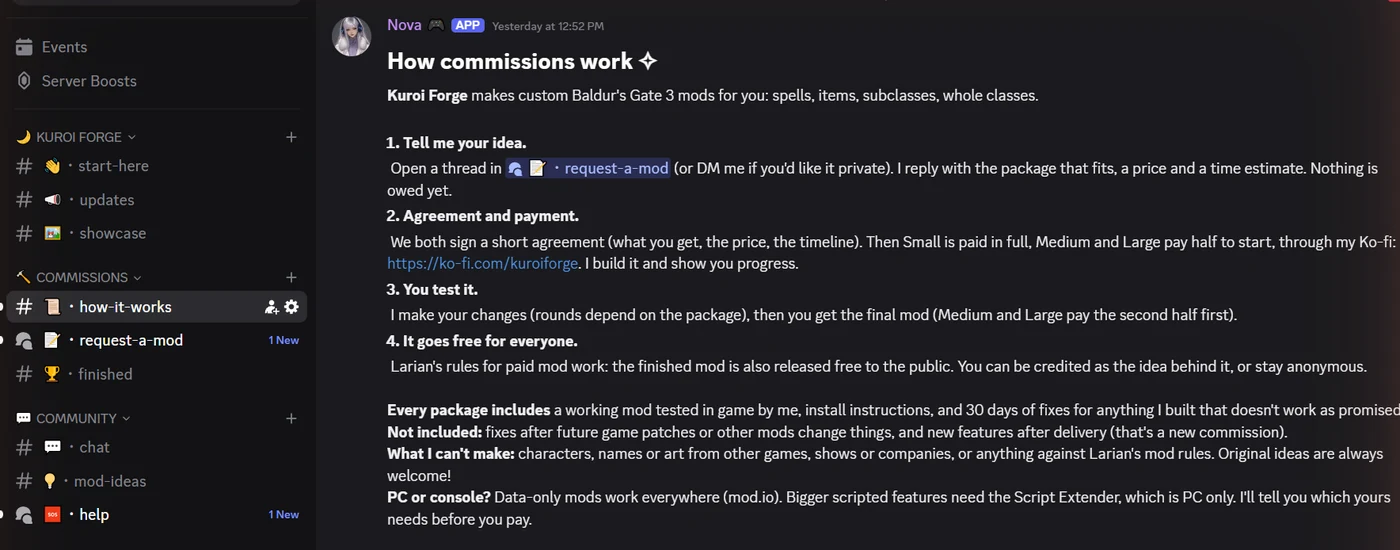 The Kuroi Forge Discord server: tidy channel categories and a styled how-it-works post