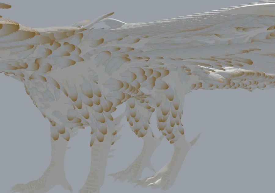 Dragon body covered in a white and gold feather coat