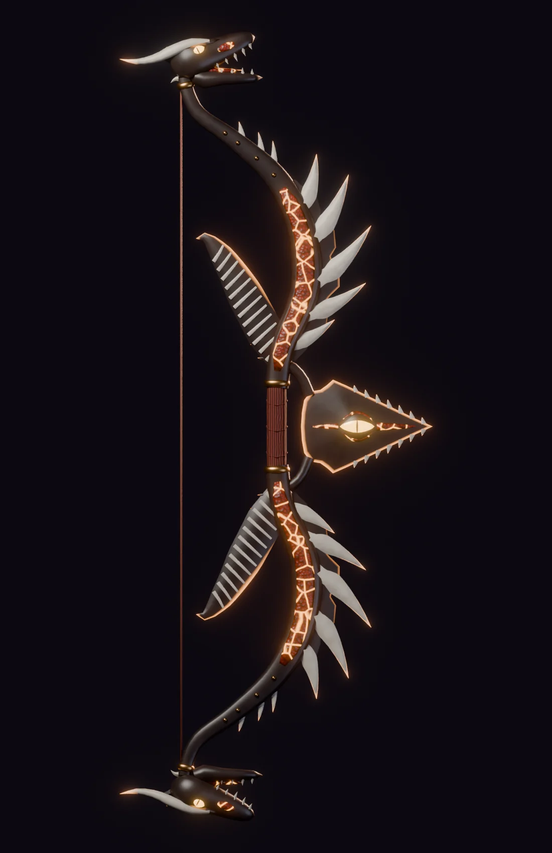 Tyrant Spine Bow: a dark longbow with fanged ends, bone blades and glowing ember cracks