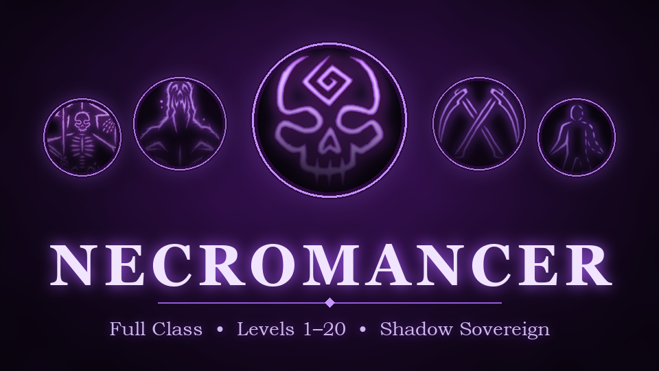 Necromancer mod banner: a glowing violet skull between skeleton, wraith, scythe and shadow icons