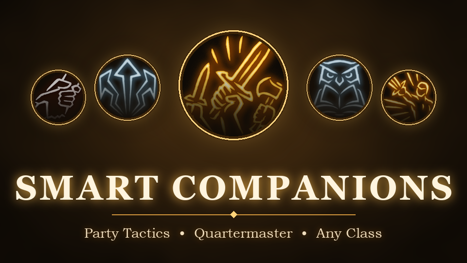 Smart Companions mod banner: golden sword-and-fist emblem between tactics, owl and armour icons